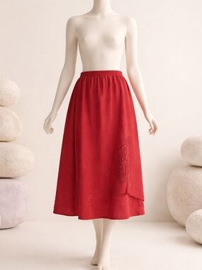 Midi A-Line Skirt in Deep Red with Elastic Waist